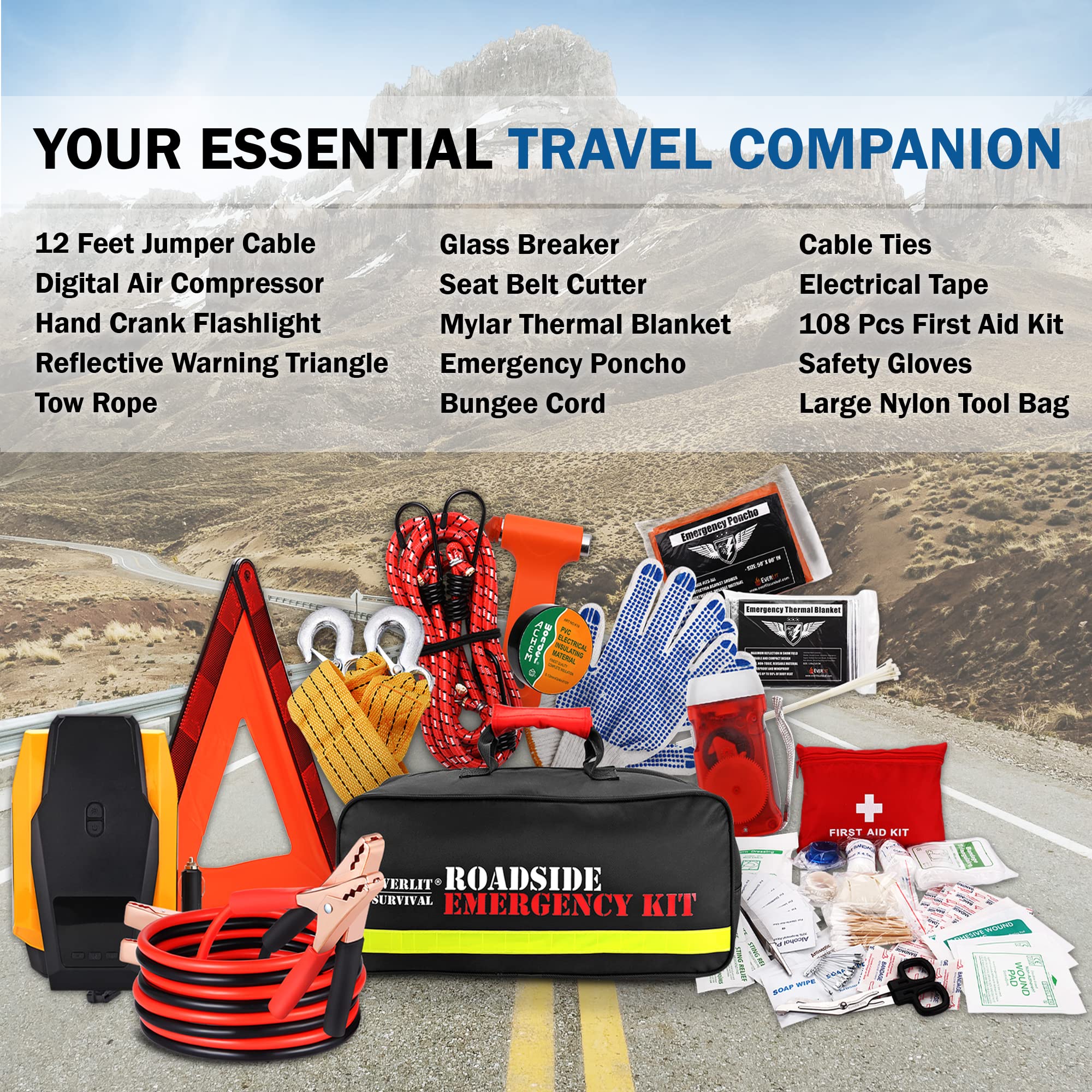 Everlit Survival Car Emergency Kit, Roadside Safety Tool Kit With Gloves,Digital Auto Air Compressor Tire Inflator, First Aid Ki